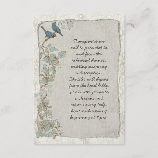 ティール（緑がかった色）素朴バードダマスク結婚式の情報カード エンクロージャーカード (裏面)