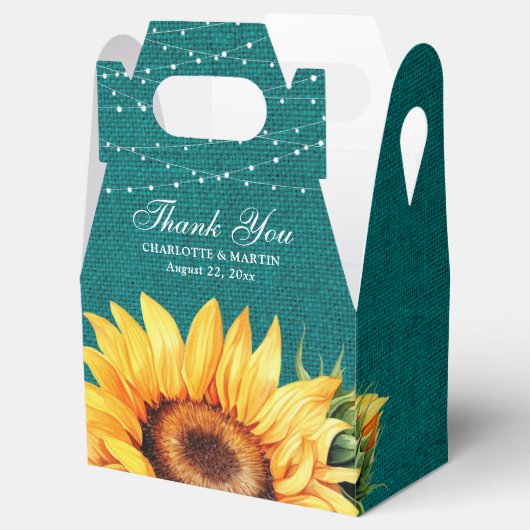 ティール(緑がかった色)素朴バーラップサンフラワー結婚式の引き出物ボックス フェイバーボックス (オープン)