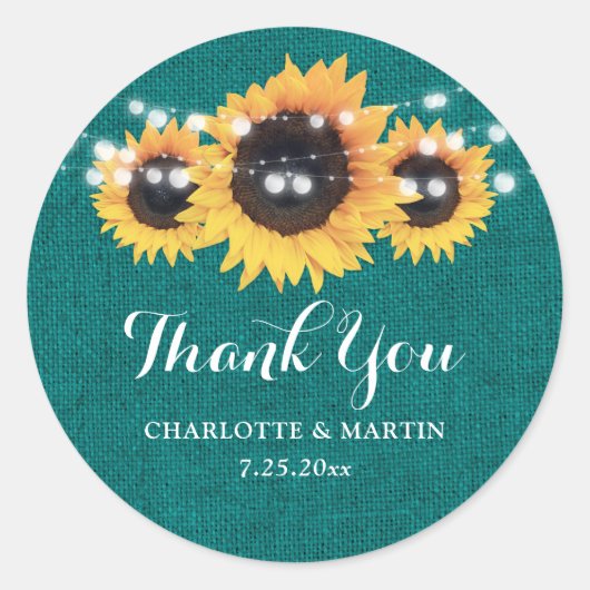 ティール(緑がかった色)素朴バーラップサンフラワー結婚式の引き出物 ラウンドシール (正面)