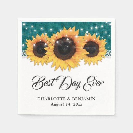 ティール（緑がかった色）素朴バーラップレースサンフラワー結婚ズ スタンダードカクテルナプキン (正面)