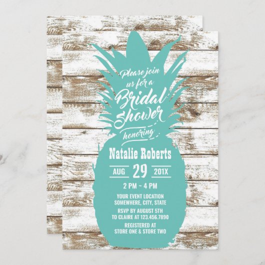 ティール(緑がかった色)素朴パイナップル熱帯ビーチブライダルシャワー 招待状 (正面/裏面)