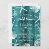 ティール（緑がかった色）素朴ビーチ結婚式シーシェルブライダルシャワー 招待状 (正面)