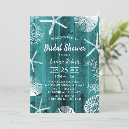 ティール(緑がかった色)素朴ビーチ結婚式シーシェルブライダルシャワー 招待状 (スタンド正面)