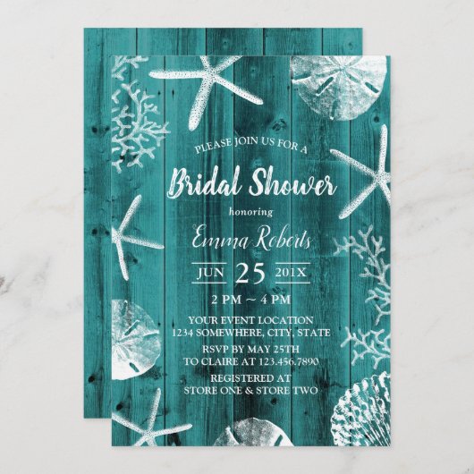 ティール（緑がかった色）素朴ビーチ結婚式シーシェルブライダルシャワー 招待状 (正面/裏面)
