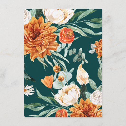 ティール(緑がかった色)素朴フローラ焼けオレンジのウェディングレセプション エンクロージャーカード (裏面)