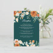 ティール(緑がかった色)素朴フローラ焼けオレンジのウェディングレセプション エンクロージャーカード (スタンド正面)
