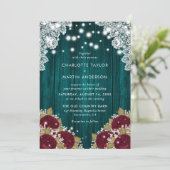 ティール(緑がかった色)素朴ブルゴーニュフローラ結婚ズ 招待状 (スタンド正面)