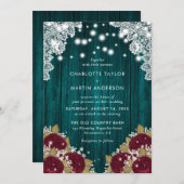 ティール(緑がかった色)素朴ブルゴーニュフローラ結婚ズ 招待状 (正面/裏面)