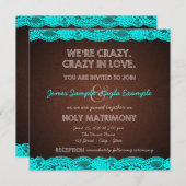 ティール(緑がかった色)素朴ブルーとブラウンカントリーの結婚式 招待状 (正面/裏面)