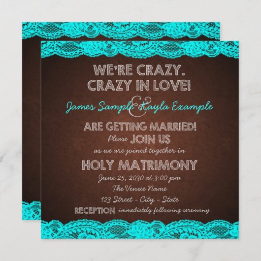 ティール（緑がかった色）素朴ブルーとブラウンカントリーの結婚式 招待状 (正面/裏面)