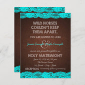 ティール（緑がかった色）素朴ブルーとブラウンカントリーの結婚式 招待状 (正面/裏面)