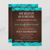 ティール（緑がかった色）素朴ブルーとブラウンカントリーの結婚式 招待状 (正面/裏面)