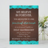 ティール（緑がかった色）素朴ブルーとブラウンカントリーの結婚式 招待状 (スタンド正面)