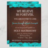ティール（緑がかった色）素朴ブルーとブラウンカントリーの結婚式 招待状 (正面/裏面)