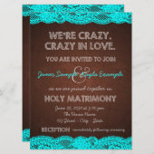 ティール（緑がかった色）素朴ブルーとブラウンカントリーの結婚式 招待状 (正面/裏面)