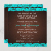 ティール（緑がかった色）素朴ブルーとブラウンカントリーの結婚式 招待状 (正面/裏面)
