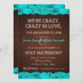 ティール（緑がかった色）素朴ブルーとブラウンカントリーの結婚式 招待状 (正面/裏面)