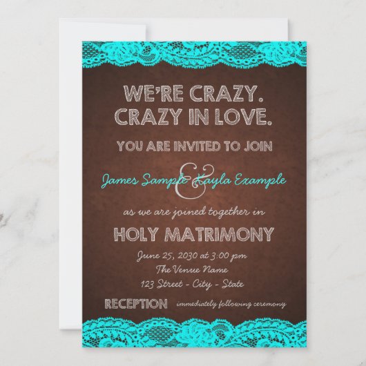 ティール（緑がかった色）素朴ブルーとブラウンカントリーの結婚式 招待状 (正面)