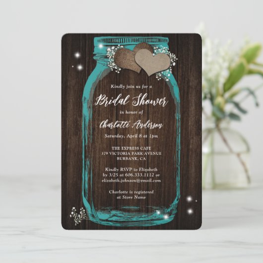 ティール(緑がかった色)素朴ベビーズブレスメイソンジャーブライダルシャワー 招待状 (スタンド正面)