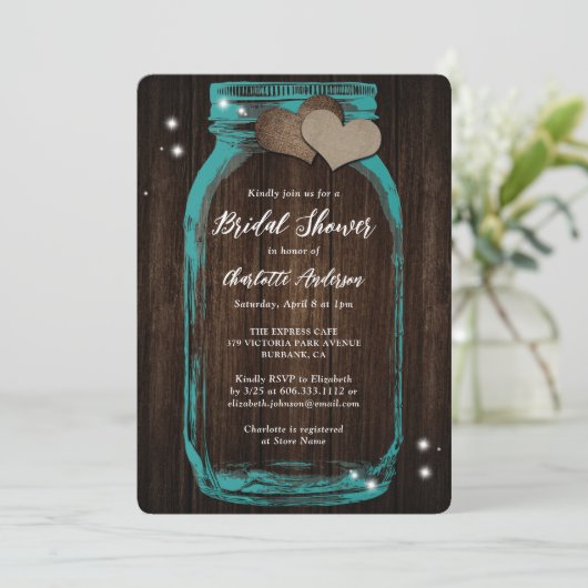 ティール(緑がかった色)素朴メイスンジャールウッドブライダルシャワー 招待状 (スタンド正面)
