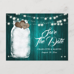 ティール（緑がかった色）素朴メーソンジャールウェディング日付を保存 案内ポストカード