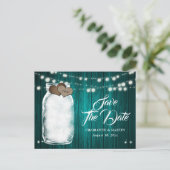 ティール(緑がかった色)素朴メーソンジャールウェディング日付を保存 案内ポストカード (スタンド正面)