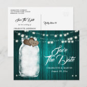 ティール（緑がかった色）素朴メーソンジャールウェディング日付を保存 案内ポストカード (正面/裏面)
