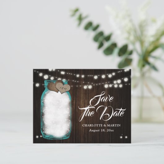 ティール(緑がかった色)素朴メーソンジャールウェディング日付を保存 案内ポストカード (スタンド正面)