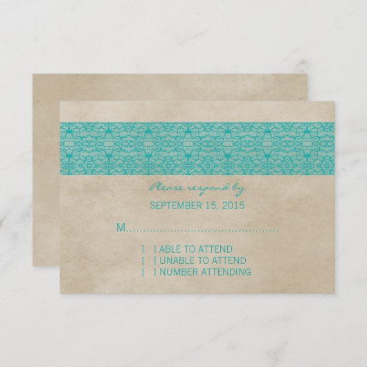 ティール(緑がかった色)素朴レース応答カード 出欠カード (正面/裏面)