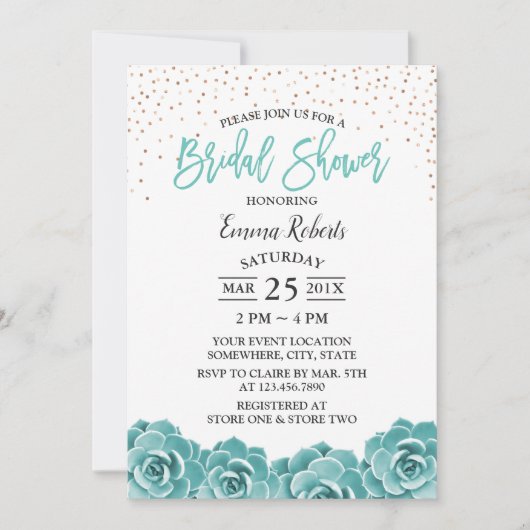 ティール(緑がかった色)素朴多肉植物性ブライダルシャワー 招待状 (正面)