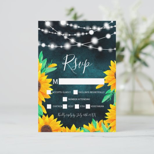 ティール（緑がかった色）素朴緑のストリングlightsひまわりrsvp 出欠カード (スタンド正面)