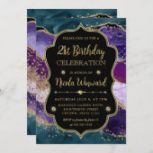 ティール(緑がかった色)、紫および金ゴールドグリッター瑪瑙フレーム誕生日 招待状 (正面/裏面)