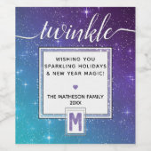 🍷ティール（緑がかった色）紫とキラキラ水彩モノグラム ワインラベル (シングルラベル)