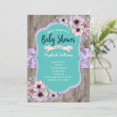 ティール（緑がかった色）紫の木の水の色の花ベビーシャワー 招待状 (スタンド正面)