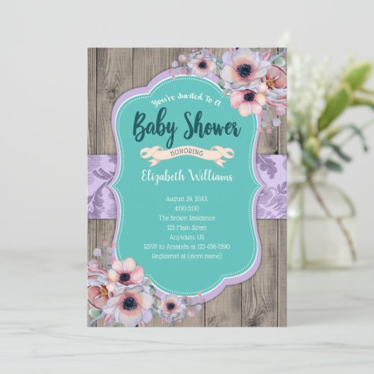 ティール（緑がかった色）紫の木の水の色の花ベビーシャワー 招待状 (スタンド正面)