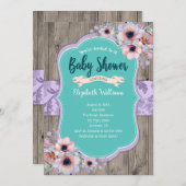 ティール（緑がかった色）紫の木の水の色の花ベビーシャワー 招待状 (正面/裏面)