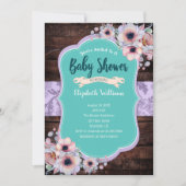 ティール（緑がかった色）紫の木の水の色の花ベビーシャワー 招待状 (正面)
