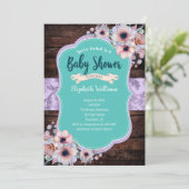 ティール（緑がかった色）紫の木の水の色の花ベビーシャワー 招待状 (スタンド正面)