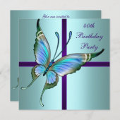 ティール（緑がかった色）紫エレガント蝶40歳のパーティー 招待状 (正面/裏面)