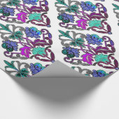 ティール（緑がかった色）紫ブルーグリーン刺繍花 ラッピングペーパー (角)