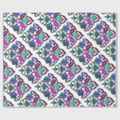 ティール（緑がかった色）紫ブルーグリーン刺繍花 ラッピングペーパー (フラット)