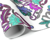 ティール（緑がかった色）紫ブルーグリーン刺繍花 ラッピングペーパー (ロールコーナー)