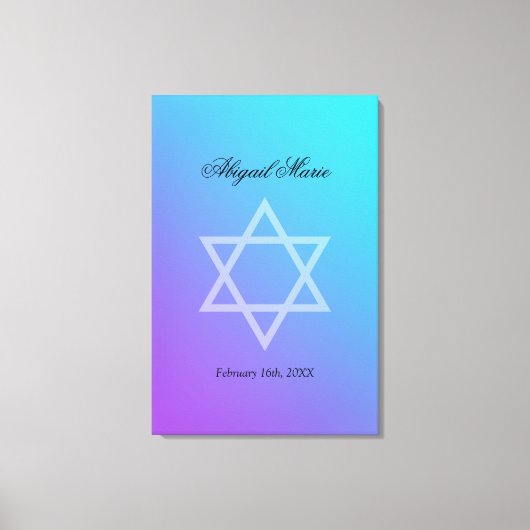 ティール（緑がかった色）紫色の星のデイビッドバルミツワーサインイン キャンバスプリント (正面)