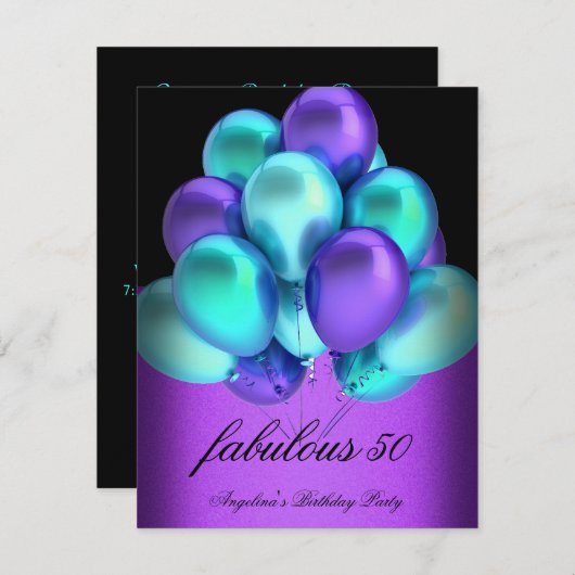 ティール(緑がかった色)紫色の素晴らしいブラックバルーンパーティー 招待状 (正面/裏面)