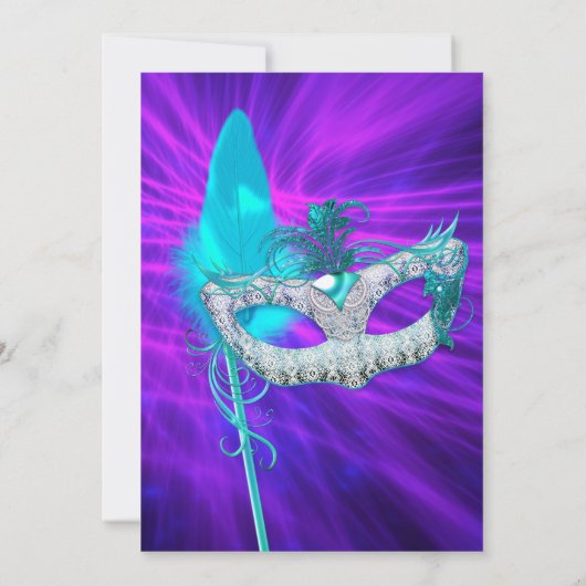ティール（緑がかった色）紫色の羽マスクされた仮装パーティー 招待状 (裏面)