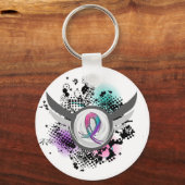 ティール(緑がかった色)紫色ピンクリボンおよびウイング甲状腺がん キーホルダー (正面)