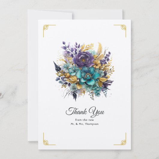 ティール(緑がかった色)、紫、および金ゴールドのフローラ結婚 サンキューカード (正面)