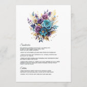 ティール（緑がかった色）、紫、および金ゴールドのフローラ結婚 メニュー (裏面)