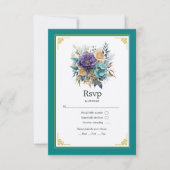 ティール（緑がかった色）、紫、および金ゴールドのフローラ結婚 出欠カード (正面)