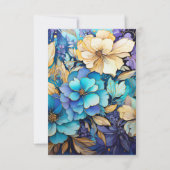 ティール（緑がかった色）、紫、および金ゴールドのフローラ結婚 出欠カード (裏面)